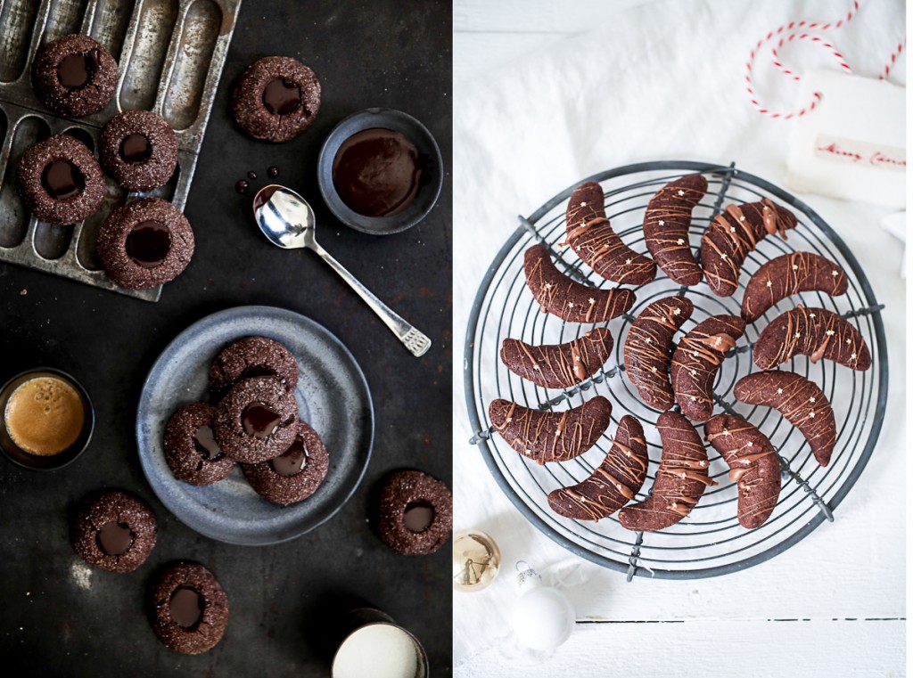 Kakaokipferl Schokokipferl Weihnachtsplätzchen Rezept Schokoladenkekse Weihnachtsgebaeck Zuckerzimtundliebe Vanillekipferl Ganache Goldsterne christmas cookies