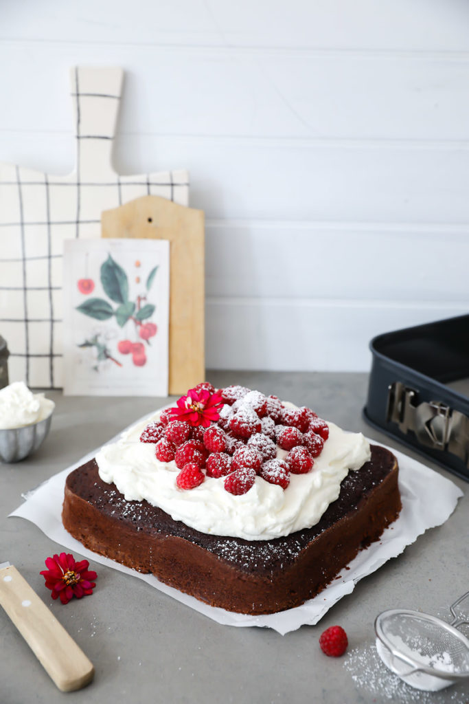 Rezept Basisrezept Schokoladenkuchen Schokokuchen Springform quadratisch Himbeeren Himbeerkuchen Kaiser La Forme Plus easy chocolate cake rezept für kuchenbuffet zucker zimt und liebe kuchen kuchenblog backblog einfaches kuchenrezept foodstyling foodphotography