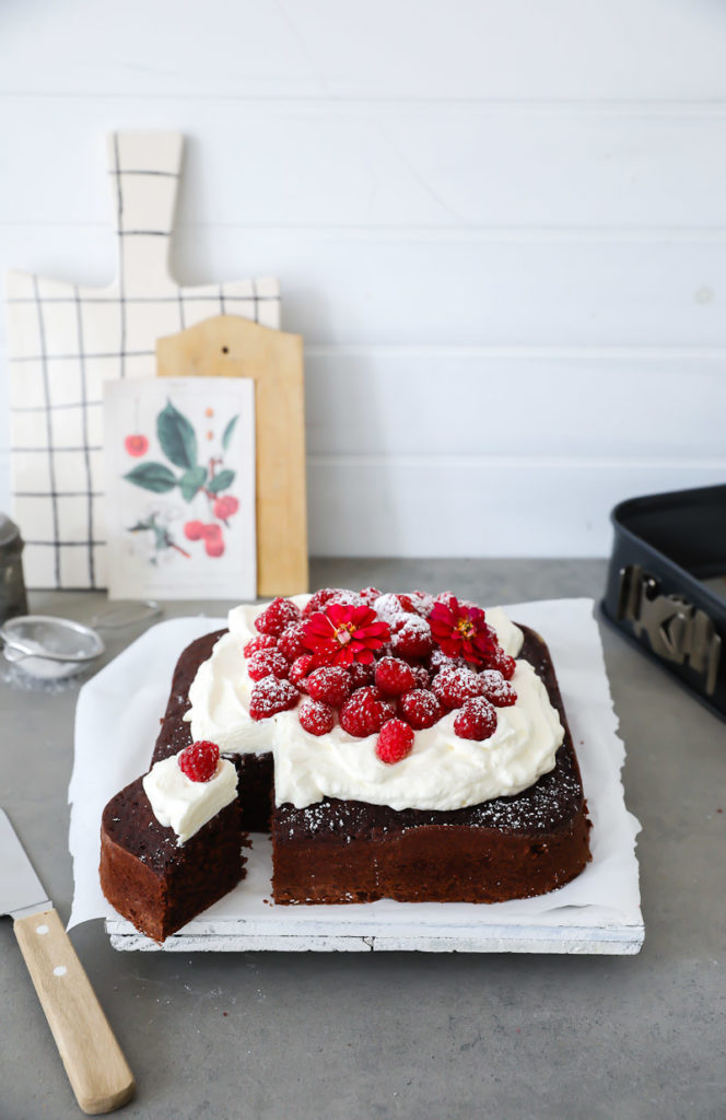Rezept Basisrezept Schokoladenkuchen Schokokuchen Springform quadratisch Himbeeren Himbeerkuchen Kaiser La Forme Plus easy chocolate cake rezept für kuchenbuffet zucker zimt und liebe kuchen kuchenblog backblog einfaches kuchenrezept foodstyling foodphotography