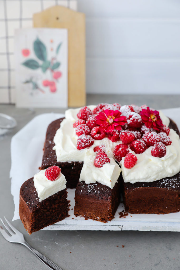 Rezept Basisrezept Schokoladenkuchen Schokokuchen Springform quadratisch Himbeeren Himbeerkuchen Kaiser La Forme Plus easy chocolate cake rezept für kuchenbuffet zucker zimt und liebe kuchen kuchenblog backblog einfaches kuchenrezept foodstyling foodphotography