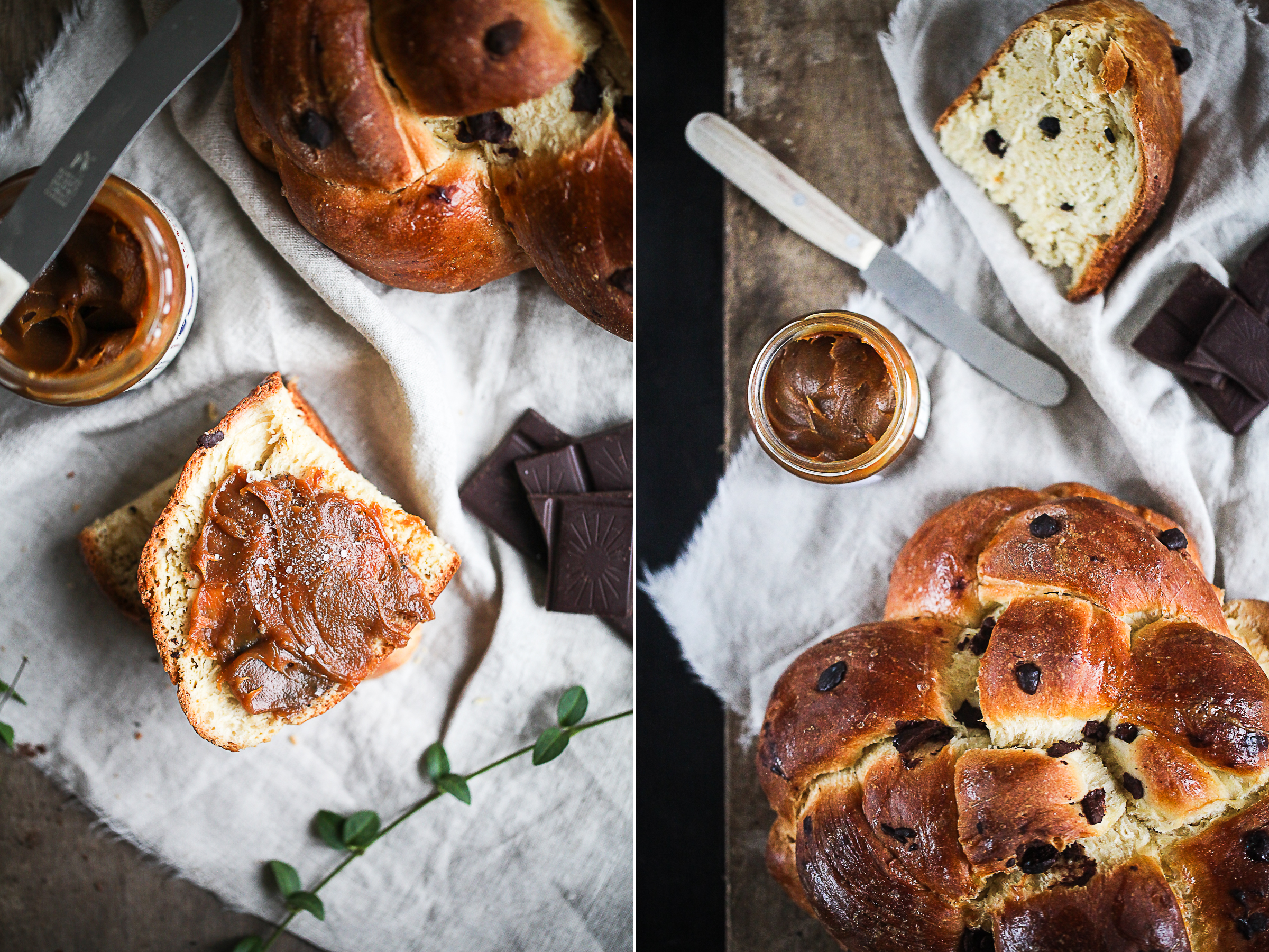 Rezept für Schokoladen Brioche Hefeknoten, der sich ganz fantastisch mit Butter und Fleur de Sel Karamellcreme bestreichen lässt