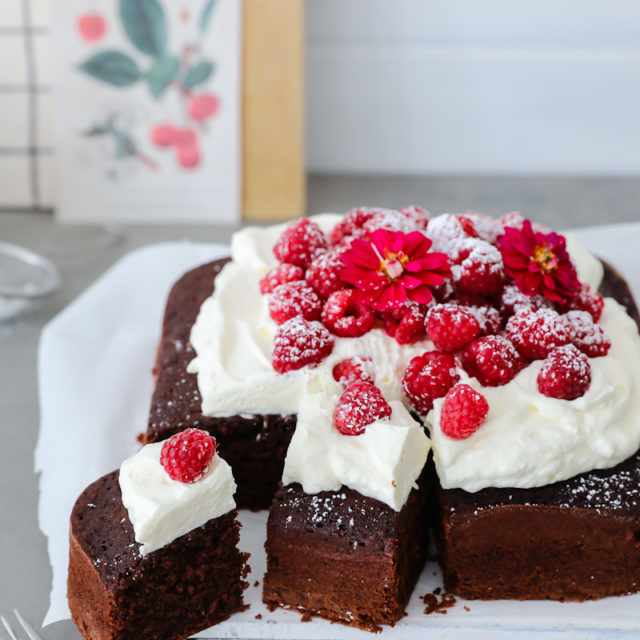 Rezept Basisrezept Schokoladenkuchen Schokokuchen Springform quadratisch Himbeeren Himbeerkuchen Kaiser La Forme Plus easy chocolate cake rezept für kuchenbuffet zucker zimt und liebe kuchen kuchenblog backblog einfaches kuchenrezept foodstyling foodphotography