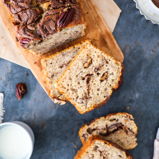 Nutella Bananenbrot mit Pekannüssen nutella swirl banana bread with pecan nuts zuckerzimtundliebe kastenkuchen einfacher bananenkuchen rührteig backblog backrezept was tun mit reifen bananen zucker zimt und liebe baking backen