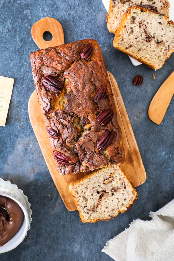 Nutella Bananenbrot mit Pekannüssen nutella swirl banana bread with pecan nuts zuckerzimtundliebe kastenkuchen einfacher bananenkuchen rührteig backblog backrezept was tun mit reifen bananen zucker zimt und liebe baking backen