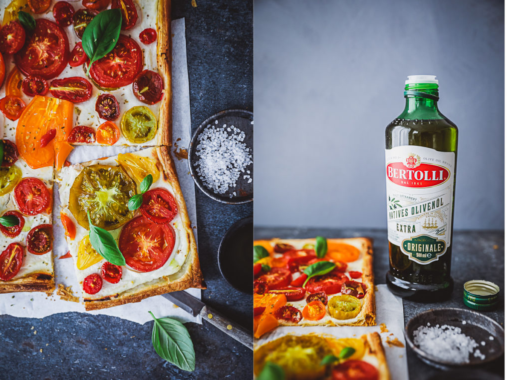 Tomatentarte Blätterteig Ricotta herzhafte Tarte Olivenöl Bertolli tomato tart recipe puff pastry blätterteig rezept zuckerzimtundliebe foodstyling food photography einfache tarte mittagessen sommerrezepte italienische rezepte