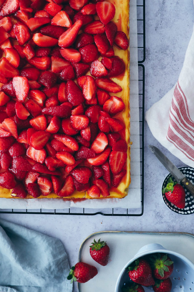 Erdbeer Kaesekuchen blech cheesecake strawberry baking sommerkuchen erdbeerkuchen quark käsekuchen foodstylist food styling food photography bakefeed zuckerzimtundliebe