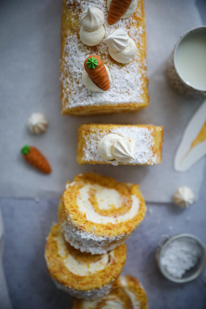Biskuitrolle carrot cake cake roll swiss roll rüblikuchen moehrenkuchen osterkuchen zuckerzimtundliebe backblog foodstyling food stylist bakefeed food 52 easter cakes cheesecake swiss roll cheesecake frischkäse füllung